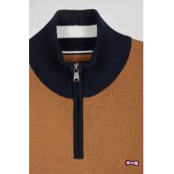 Pull col camionneur zippé colorblock en coton brodé coupe Regular