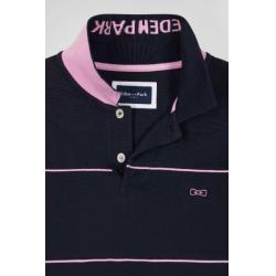 Polo manches longues en piqué coton marine passepoil rose coupe Regular