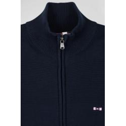 Cardigan zippé en coton uni bleu marine à jeux de maille