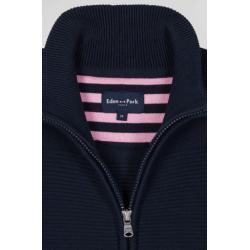 Cardigan zippé en coton uni bleu marine à jeux de maille