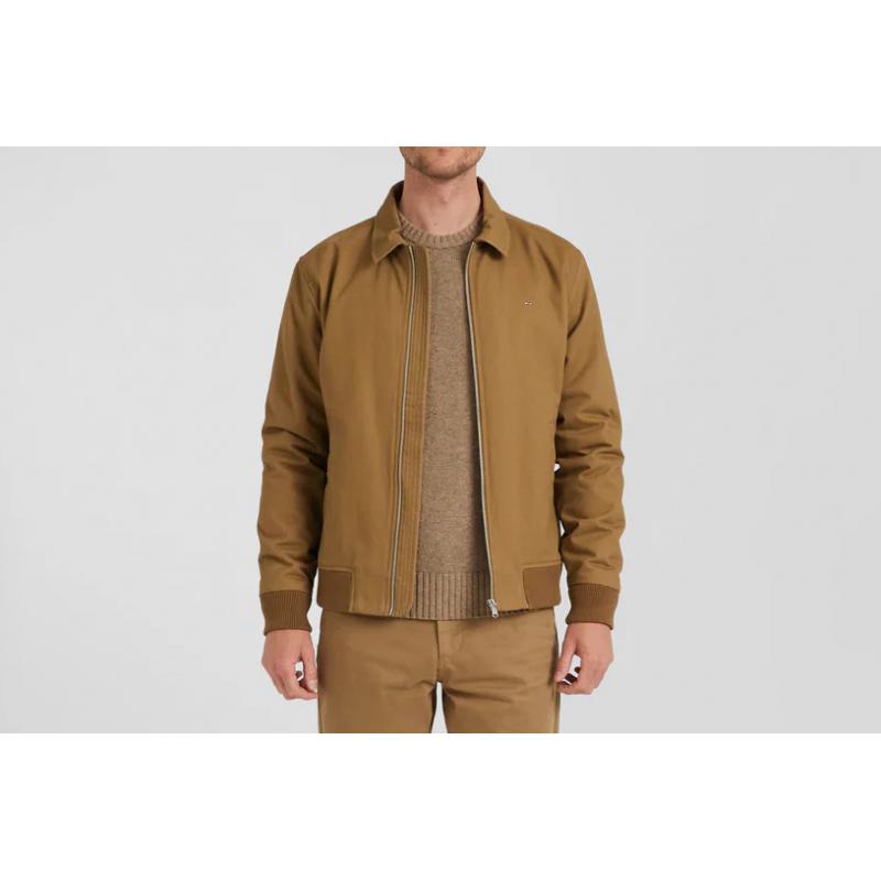 Blouson zippé à col chemise en gabardine de coton camel