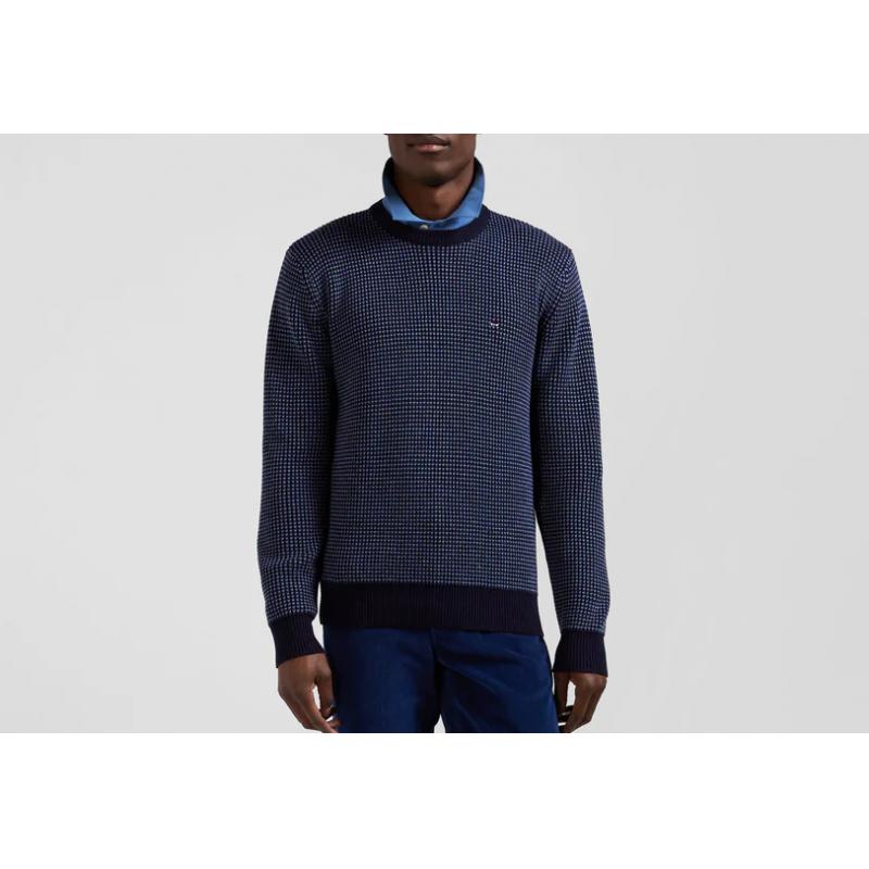 Pull col rond en laine et coton bleu marine coupe Regular