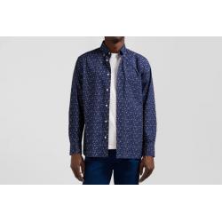 Chemise en popeline de coton bleu marine à microimprimé fleurs coupe Regular