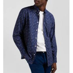 Chemise en popeline de coton bleu marine à microimprimé fleurs coupe Regular