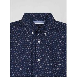 Chemise en popeline de coton bleu marine à microimprimé fleurs coupe Regular