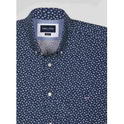 Chemise en popeline de coton bleu marine à microimprimé floral coupe Regular