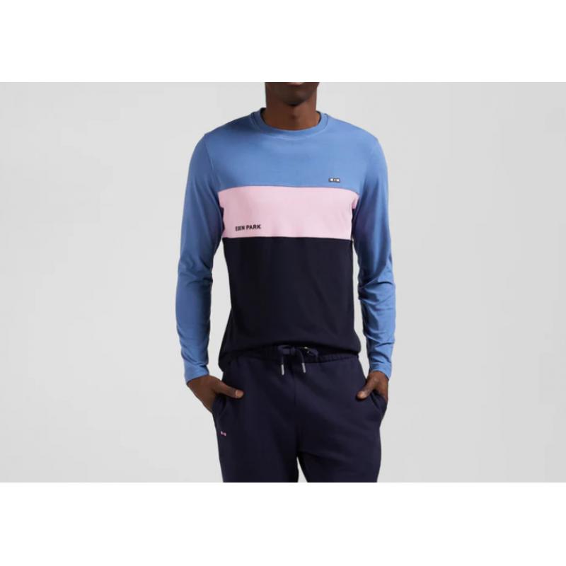 T-shirt manches longues colorblock en coton bleu coupe Regular