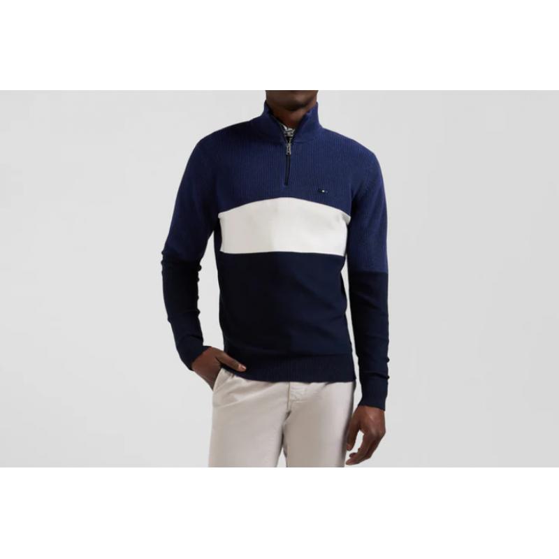 Pull col camionneur montant en coton bleu foncé à jeux de maille coupe Regular