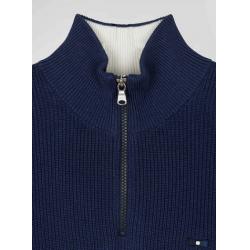 Pull col camionneur montant en coton bleu foncé à jeux de maille coupe Regular