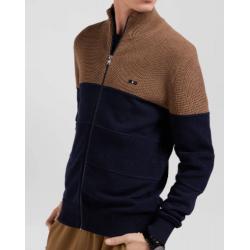 Cardigan zippé à col montant marine et camel en coton