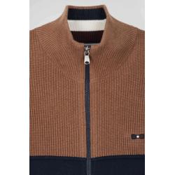 Cardigan zippé à col montant marine et camel en coton