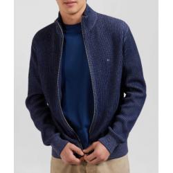 Cardigan zippé en laine et coton bleu marine coupe Regular