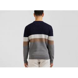 Pull col rond en laine et coton gris à jeux de maille coupe Regular