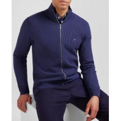 Cardigan zippé à col montant uni bleu marine en coton