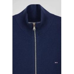 Cardigan zippé à col montant uni bleu marine en coton