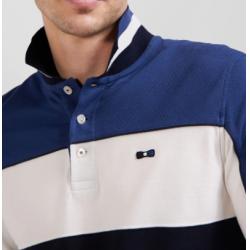 Polo manches longues tricolore en piqué coton bleu coupe Regular