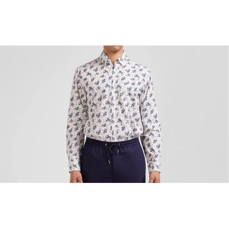 Chemise en popeline de coton écrue imprimé floral marine coupe Regular