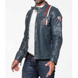 Blouson en cuir Steeve McQueen LENNY4 bleu royal Homme