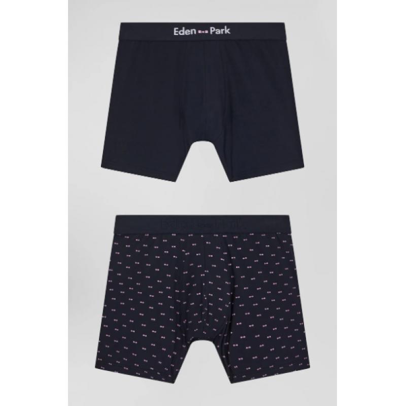 Lot de 2 boxers en coton stretch uni et micro-motifs bleu marine