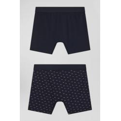 Lot de 2 boxers en coton stretch uni et micro-motifs bleu marine