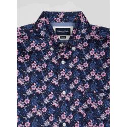 Chemise en twill de coton marine à imprimé fleurs roses coupe Regular