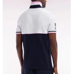 Polo à manches courtes en piqué coton bicolore marine et blanc coupe droite