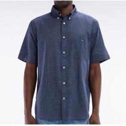 Chemise à manches courtes à microcarreaux en coton indigo coupe droite